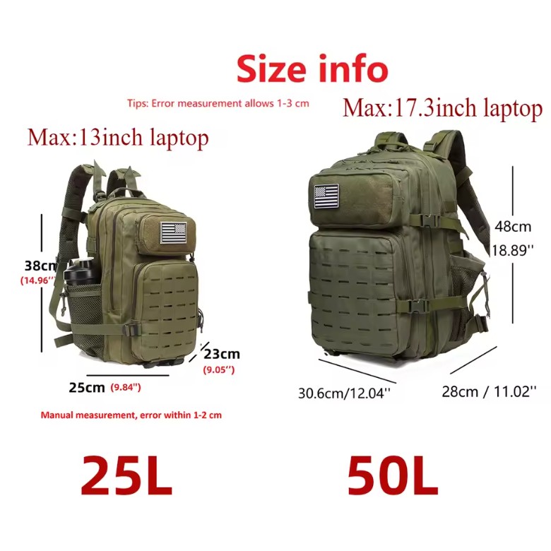 25L/50L Tactical MOLLE Backpack – Outdoor Hiking Bag with Bottle Holders - Image 4